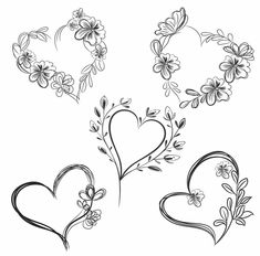 four hearts with flowers and leaves drawn in black ink on a white background stock photo