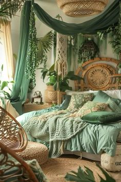 a bedroom with green bedding and hanging plants