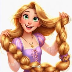 a cartoon girl with long blonde hair and braids on her head, smiling at the camera