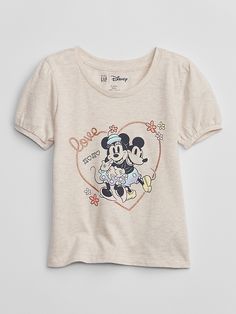 Soft jersey knit. Short puff sleeves. Crewneck. Mickey Mouse and Minnie Mouse graphic at front. #520731 Mickey Mouse And Minnie Mouse, Kid Clothes, American Brand, Knit Short, Baby Disney, Baby Gap, Disney Mickey Mouse