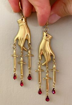 Witch Healing, Vampire Jewelry, Gothic Vampire, Earrings Red, Gold Drop Earrings