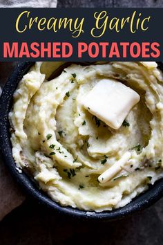 garlicy whipped mashed potatoes in a black bowl