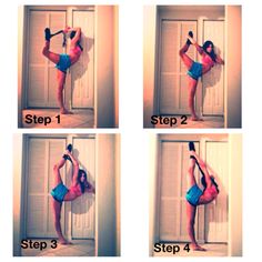 a woman is doing exercises with dumbbells in four different stages, including one standing on one leg and the other leaning forward