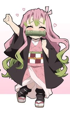 an anime character with pink hair and long green hair, holding her hand up to her mouth