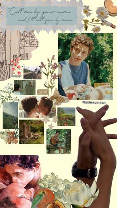 a collage of images with people and flowers on them, including one person making the peace sign