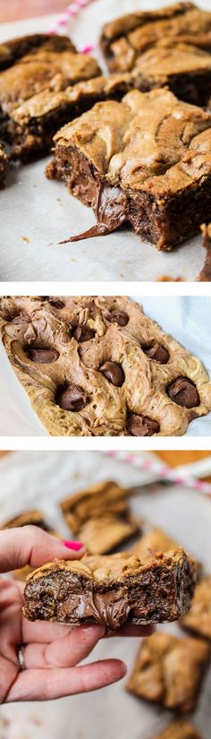 there are two pictures of chocolate chip cookies on the same plate and one is half eaten