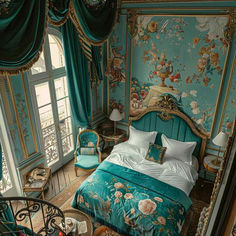 a bedroom with blue walls and floral wallpaper, along with an ornate bed in the corner