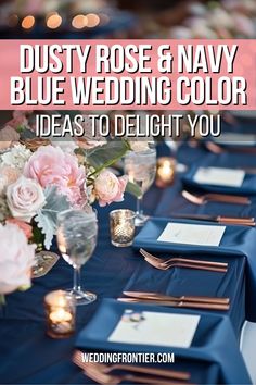 the table is set with blue linens and gold place settings for a navy wedding