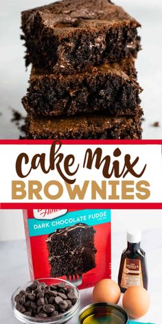 chocolate cake mix brownies stacked on top of each other with ingredients to make it