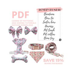 the bow tie and collar set is shown in pink, blue, and white flowers