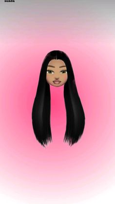 an animated girl with long black hair and brown eyes is shown in front of a pink background