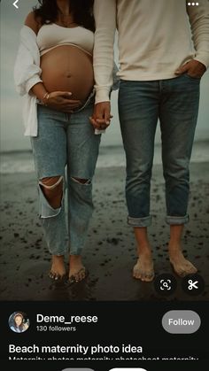 an image of a pregnant couple holding hands and walking down the beach with their belly exposed