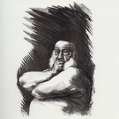 a black and white drawing of a man with his arms crossed