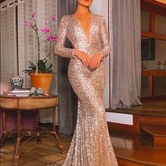 Mermaid/Trumpet Open Back Sequence Formal Evening Dress Long Sequin Dress, Long Sleeve Gown, Party Kleidung, Formal Party Dress, Evening Party Dress, Formal Party, Mermaid Prom Dresses, Gold Dress, Pure Color