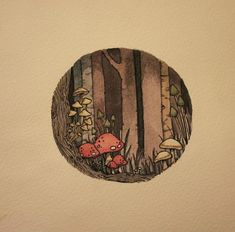 a drawing of mushrooms in the woods on a paper plate with watercolor pencils