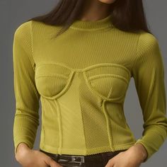 This Stretchy Top Offers A New Take On The Corset Trend, With Super Stretchy Ribbed Fabric, Long Sleeves, And A Back Zip. It Wears Like A Shirt - For A Corset-Tight Fit, Size Down. New With Tags! Yellow Ribbed Long Sleeve Top, Cropped Ribbed Party Top, Yellow Tops For Fall Night Out, Yellow Tops For Night Out In Fall, Yellow Cropped Stretch Tops, Yellow Fitted Top For Party, Trendy Yellow Tops For Night Out, Yellow Fitted Trendy Top, Fitted Trendy Yellow Top