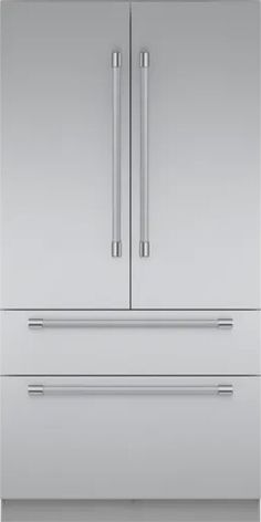 a large stainless steel refrigerator freezer with two drawers and one door on each side