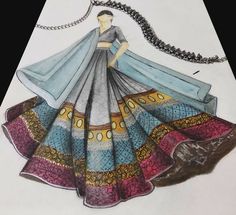 a drawing of a woman in a dress with a long train skirt on it's side