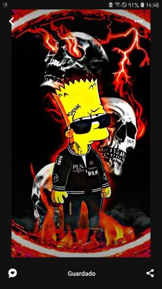 the simpsons is wearing sunglasses and standing in front of a fire with skulls on it