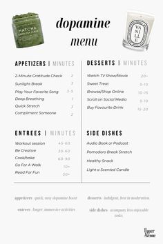 Use this dopamine menu as a guide for when you need alternative & healthy ways to get a dopamine fix. Change your life with @upperavenue   #dopaminemenu #dopamine #healthydopamine #dopaminemenuideas #healthyactivities #mentalhealth #health #visionboard #changeyourlife #aesthetichabits #helathyhabit #wellness Healthy Sources Of Dopamine, Dopamine Cleanse, Dopamine Menu Morning Routine, Dopamine Menu Ideas Journal, Dopamenu Ideas, Dopamine Menu Template, Health Goals Aesthetic, Healthy Dopamine, Health Visionboard