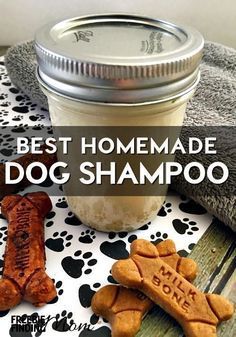 the best homemade dog shampoo is in a jar and next to two dogs treats