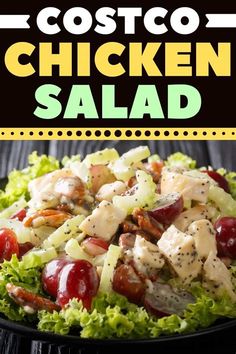 chicken salad with lettuce and cherries in a black bowl