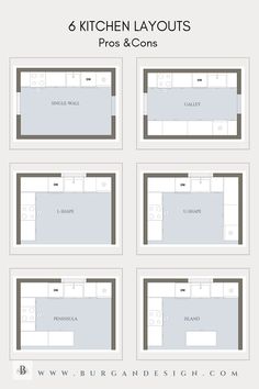 the kitchen layout is shown in four different sections