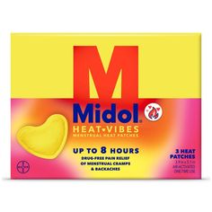 Midol Heat Vibes Menstrual Pain Relief Heat Patches are single use period pain patches that use drug-free heat therapy to relieve minor menstrual cramp pain, promote blood flow and relax muscles. Heat Vibes pain patches provide up to 8 hour pain relief, with the therapeutic temperature helping to relieve pain from menstrual cramps, PMS pain and muscle aches. Convenient and easy to apply, these pain relief patches are individually wrapped and provide discreet comfort when you are on-the-go. This Menstrual Pain Relief, Pain Relief Patches, Cramps Relief, Period Cramps, Menstrual Pain, Muscle Pain Relief, Period Pain, Menstrual Cramps, Heat Therapy