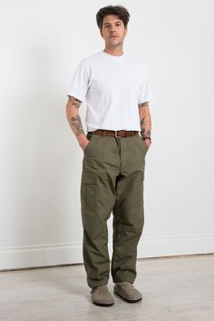 ORSLOW VINTAGE FIT 6 POCKET CARGO PANTS - ARMY GREEN Relaxed Fit Full Length Bottoms With Belt Loops, Relaxed Fit Outdoor Trousers, Relaxed Fit Trousers For Outdoor, Relaxed Fit Straight Leg Bottoms For Outdoor, Relaxed Fit Full-length Outdoor Bottoms, Relaxed Fit Bottoms With Belt Loops, Relaxed Fit Outdoor Pants With Belt Loops, Streetwear Bottoms With Standard Cut Leg And Pockets, Casual Cargo Pants With Belt Loops