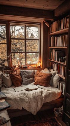 a room with a couch, bookshelf and window in the corner that is filled with lots of books