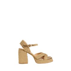 Castaner "Valle" metallic woven raffia platform sandals with leather trim 3.15 in / 80 mm covered block heel; 0.75 in / 20 mm platform Open toe Crisscross vamp Adjustable ankle strap Rubber outsole Lining: Leather Do not iron, dry clean Made in Spain Straw Sandals With Heel Strap And Block Heel, Chic Straw Platform Sandals, Chic Straw High Heel Sandals, Luxury Vacation Heels With Heel Strap, Luxury Heels With Heel Strap For Vacation, Chic Ankle Strap Straw Heels, Luxury Ankle Strap Heels For Vacation, Chic Straw Ankle Strap Sandals, Chic Straw Sandals With Ankle Strap