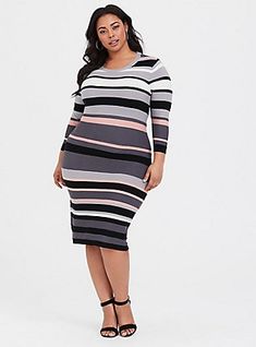 Plus Size Multi Stripe Midi Sweater Dress, STRIPES Dress Work Outfit, Midi Sweater Dress, Wedding Dress With Pockets, Pattern Dress Women, Older Women Fashion, Dressy Dresses, Women's Evening Dresses, Curvy Dress, Sweater Dress Midi