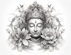 Imressive Styled Buddha Graphics: Vector, 4K Buddha Clipart, Hawaiian Flower Tattoos, Buddha Tattoo Design, Buddha Art Drawing, Buddha Tattoos, Floral Tattoo Sleeve, Tattoos For Black Skin, Asian Tattoos