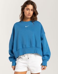 Nike Sportswear Oversized Crewneck Sweatshirt. Embroidery At Chest. Cuffed Long Sleeves And Hem. Ribbed Crew Neckline. Oversized Fit. Crop Hem. Long Sleeves. 80% Cotton 20% Polyester. Machine Wash. Imported. Model Is Wearing A Size Small. Model Measurements:height: 5'8" Bust: 34"waist: 25"hips: 37.5" | Nike Sportswear Oversized Crop Crewneck Sweatshirt Adorable Backgrounds, Womens Sweat Shorts, Crop Crewneck, Flannel Sweatshirt, Sweatshirt Embroidery, Chic Summer Style, Athletic Clothes, Nike Crewneck, Cropped Crewneck