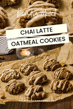 chocolate oatmeal cookies with icing and cinnamon on the top are sitting on parchment paper