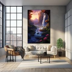 a living room filled with furniture and a painting hanging on the wall above a white couch