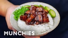 a person holding a bowl filled with rice and meat