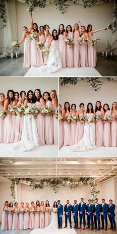 the bride and grooms pose for pictures with their bridal party in pink dresses