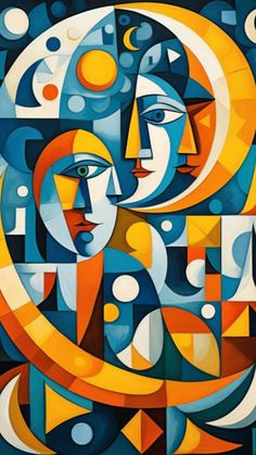 an abstract painting with blue, yellow and orange colors on it's face in the middle