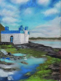 an oil painting of a castle on the shore with water and clouds in the background