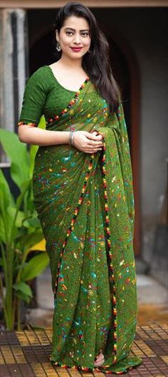 Green color Saree in Georgette fabric with Printed work Fitted Green Fabric For Festive Occasion, Multicolor Fabric For Party And Festive Occasions, Fitted Green Festive Fabric, Multicolor Festive Fabric For Party, Festive Multicolor Fabric For Party, Green Saree Fabric For Festive Occasion, Green Fabric For Festive Saree, Navratri Songs, Green Color Saree