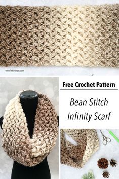 the free crochet scarf pattern is shown with instructions to make it in two different colors