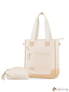 Bird in Bag - Womens 14-inch Waterproof Canvas Laptop Tote Bag with Cosmetic Bag - Ideal for Work, Travel, School, and College Large Capacity Canvas Diaper Bag For School, Beige Tote Laptop Bag With Removable Pouch, Large Capacity Beige Bags For Outdoor, Large Capacity Beige Bag For Outdoor, Beige Large Capacity Bag For Outdoor, Beige Outdoor Bag With Large Capacity, School Tote Bag With Laptop Sleeve, White Travel Laptop Shoulder Bag, White Shoulder Laptop Bag For Travel