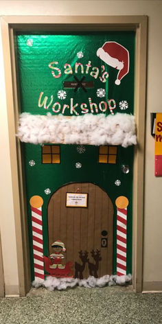 Christmas dorm door Christmas Decor Ideas For Medical Office, Crismas Door Decoration, Santa’s Work Shop Door Decor, Christmas Decorations Themes Ideas, Christmas Door Themes For Work, Creative Door Decorating Contest, Santas Workshop Classroom Door Ideas, Santa’s Workshop Door Contest, Santa’s Workshop Classroom Door