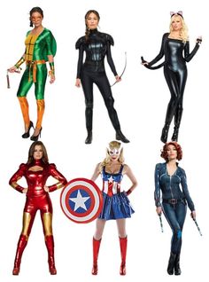 six women dressed in costumes from the avengers and captain america movies, all standing side by side