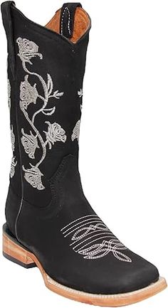 Amazon.com | Women’s Square Toe Cowgirl Cowboy Boot Embroidered Floral Roses Western Boots Black | Mid-Calf Cowgirl Cowboy, Boots Black, Western Boots