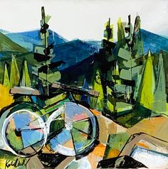 an abstract painting with trees and mountains in the background