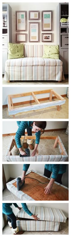 three pictures showing how to make a sofa out of mattresses and wood pallets