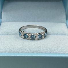 1Ct Alternating White Blue Lab Grown Diamond Wedding Band 14k White Gold, Wedding Ring 14k White Gold, Anniversary Ring Gift