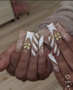 Gold Winter Nails, Acrylic Christmas Nails, Designer Nails, Long Square Nails, Retro Nails, French Acrylic Nails, Nail Stuff